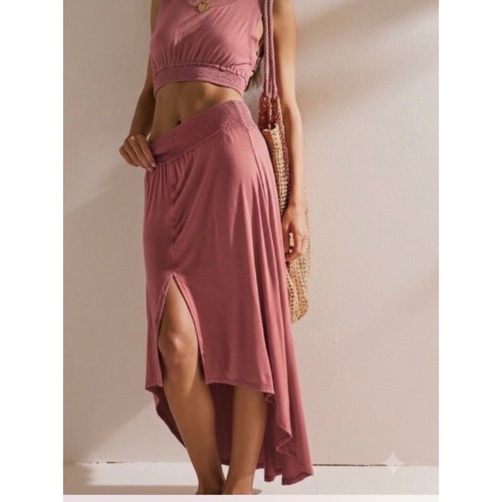 Free People Beach Smocked High Low Maxi Skirt Rose Pink XS
